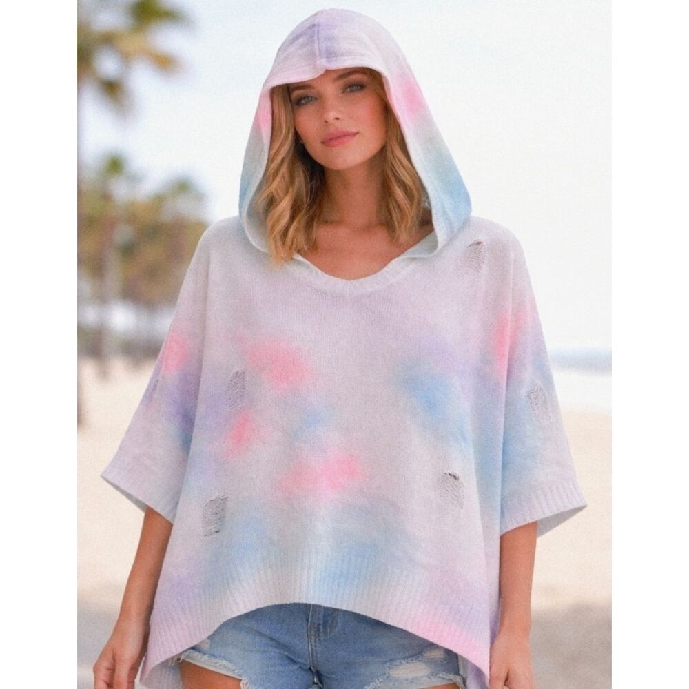 POL Tie Dye Hooded Poncho Sweater Size M Distressed Oversized Boho Pastel Flowy